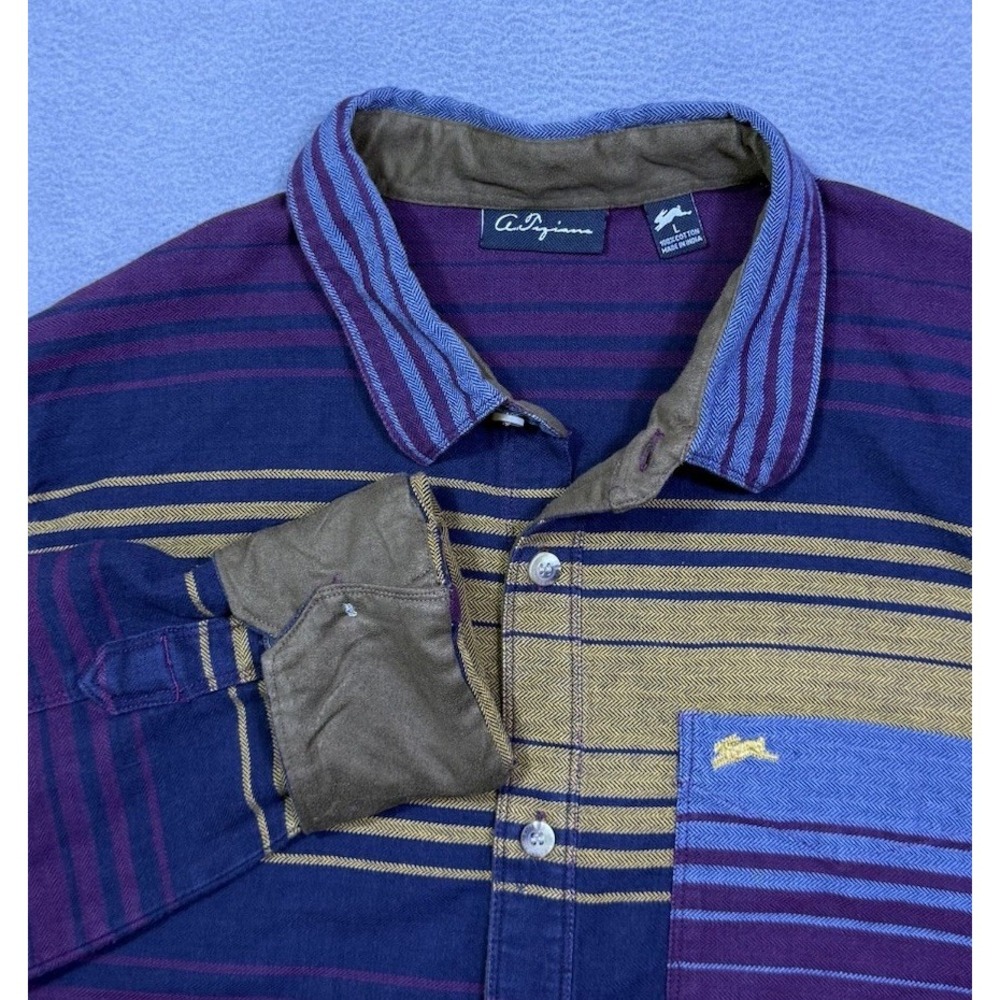 A Tiziano AT Lab Mens L Herringbone Striped Button Up Shirt Rabbit Normcore